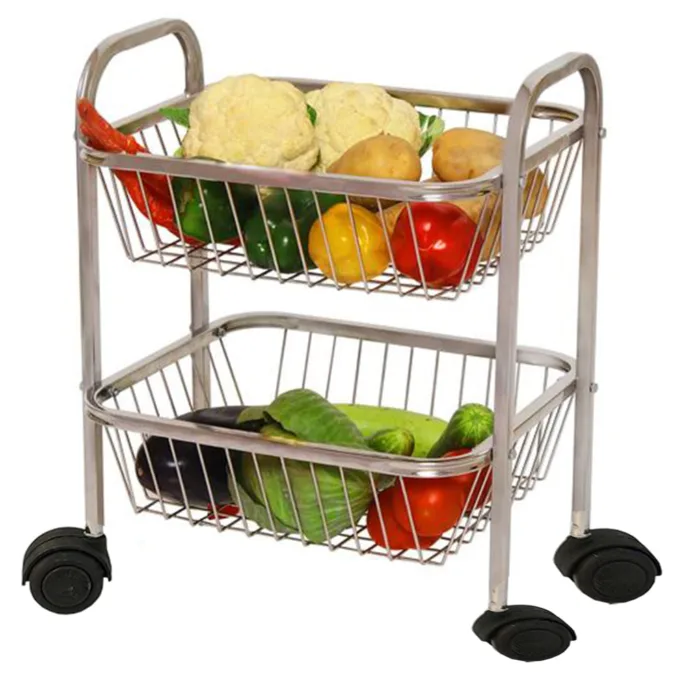 Homecare Stainless Steel Round Pipe Fruit And Vegetable Basket 2 Shelf Trolley - Image 1